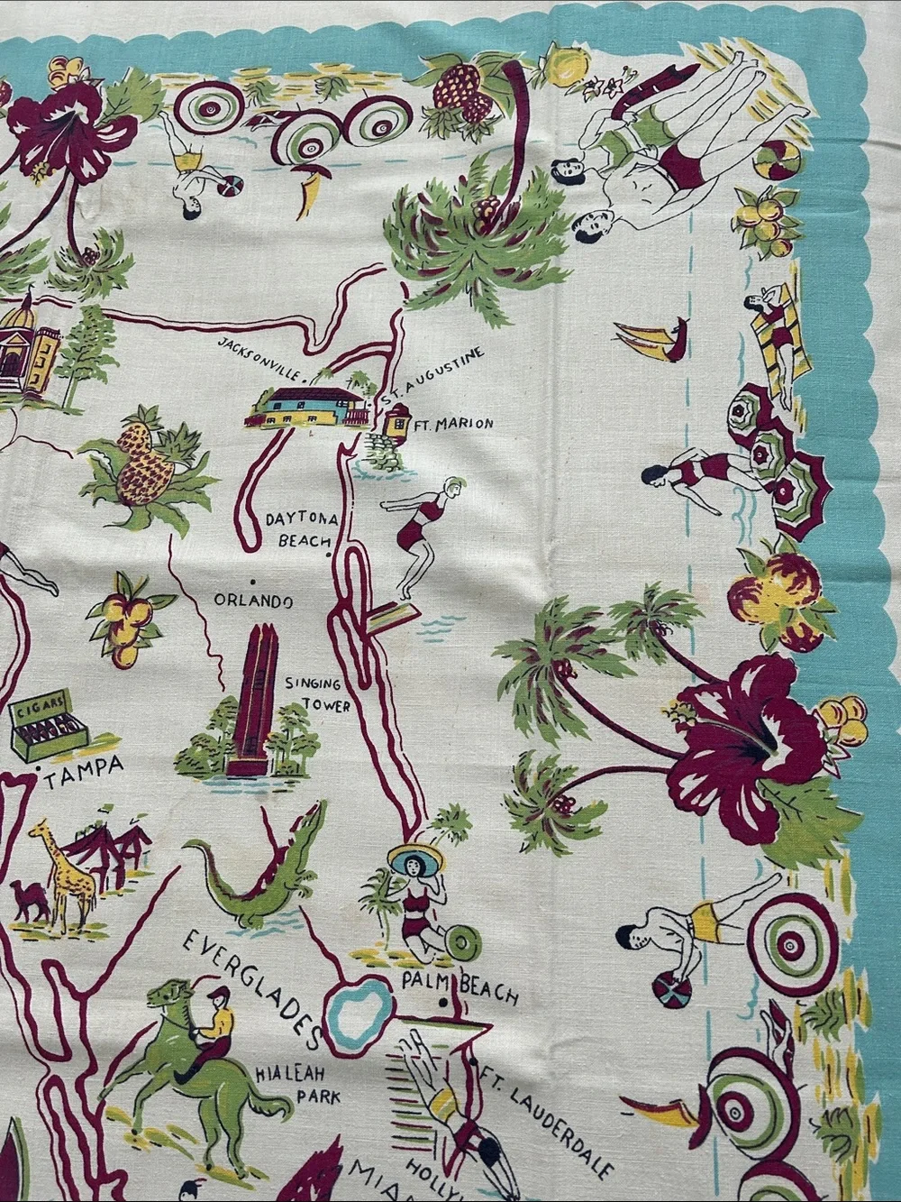 Vintage Florida Souvenir Card table cloth.  Very Florida in aqua, red, green